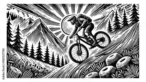 mountain biker riding downhill engraving black and white outline
