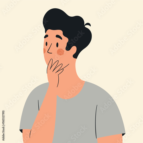 Surprised man in gray t-shirt, hand to mouth, looking upwards. Flat vector illustration.