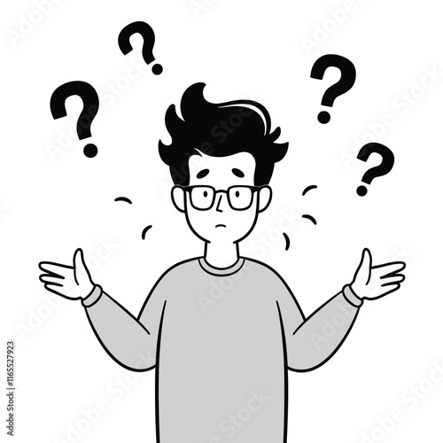 Confused young man with question marks.  Flat vector illustration depicting uncertainty and indecision.  Perfect for websites, apps, or presentations.