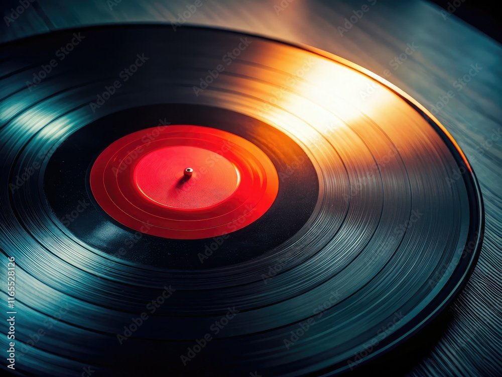 Close-up Black Vinyl Record Red Label Low Light Photography Close-up Black Vinyl Record Red Label Low Light Photography