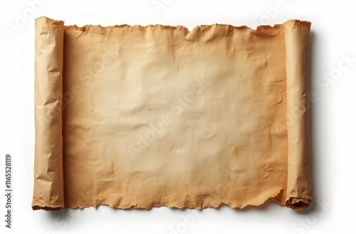 Ancient Parchment Scroll: A vintage parchment scroll lies unfurled, its aged texture and faded edges hinting at a story waiting to be told. Perfect for adding a touch of history, mystery.