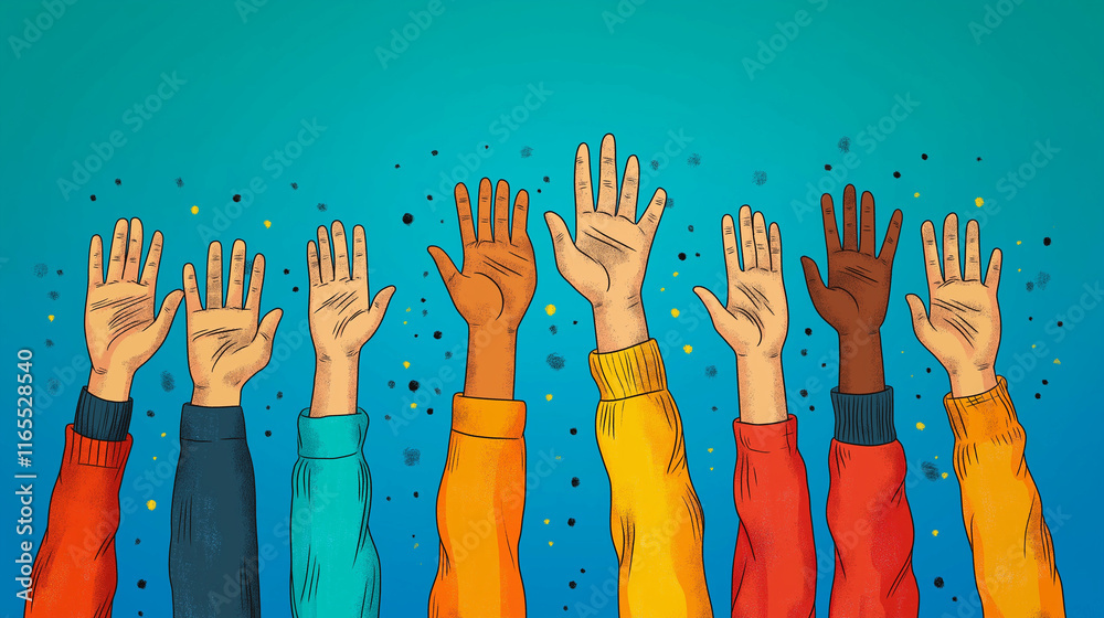 Fototapeta premium Hands raised up, different people from different ethnic groups. ai illustration. The concept of diversity