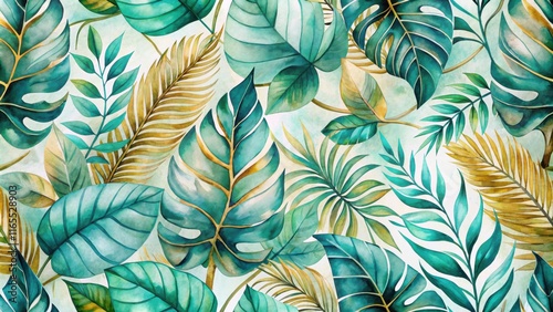 Wallpaper Mural Tropical Watercolor Illustration of Lush Green and Gold Leaves, Perfect for Home Decor, Fabric, and Wallpaper Torontodigital.ca