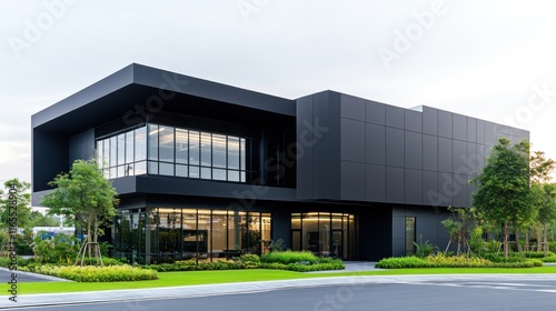 Wallpaper Mural Modern black building with large glass windows and landscaped surroundings. Torontodigital.ca