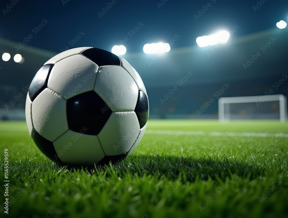 Obraz premium Soccer ball resting on the grass with stadium lights shining during a night match