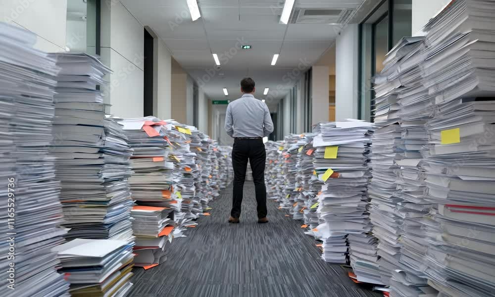 Overwhelmed by Paperwork in Office Hallway