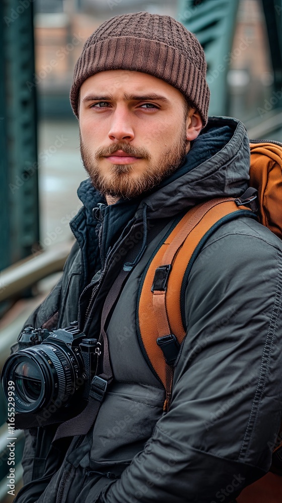 Fototapeta premium Hipster with Vintage Camera on City Bridge