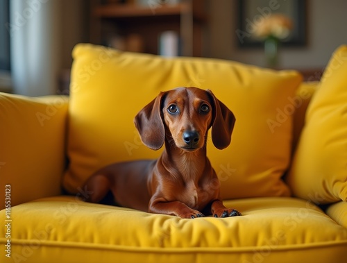 Dachshund relaxing on a bright yellow couch in a cozy living room setting photo