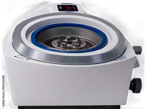 A spinning centrifuge with detailed sample holders and motion blur.
