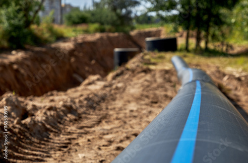 Close-up of a large industrial plastic polypropylene water pipe at a construction site for laying water pipes, construction and reconstruction of buildings and cottages.