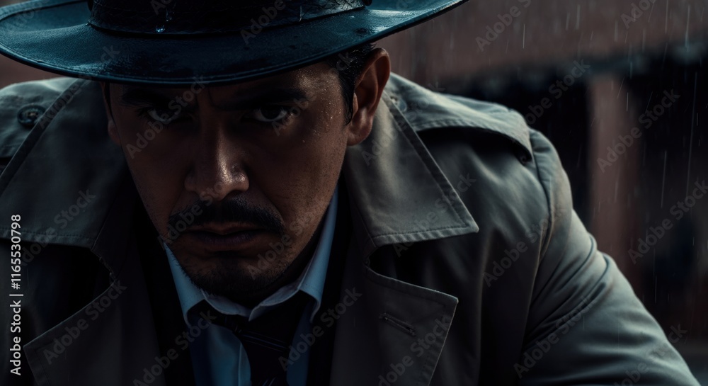 Intense hispanic male detective in rainy urban setting Intense hispanic male detective in rainy urban setting
