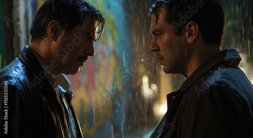 Intense standoff between two hispanic men in rainy night scene photo