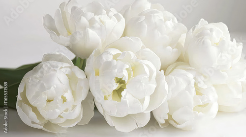 Close-up of a bouquet of seven elegant white tulips with soft lighting and a neutral background, showcasing their delicate petals and lush greenery. photo