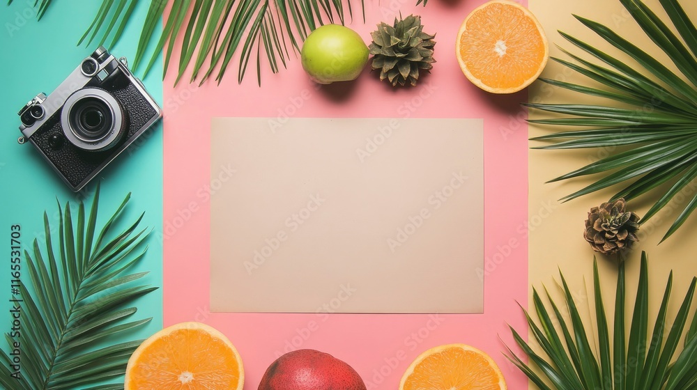 Composition with a blank sheet of paper in the center, fruits, a photo camera and palm leaves on a colored background. Composition with a blank sheet of paper in the center, fruits, a photo camera and palm leaves on a colored background.