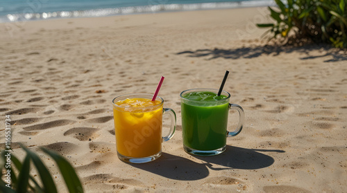 Three vibrant drinks on a tropical island beach, minimalistic, summer, composition, colourful, green tea, coffee, drinks,generative.ai
