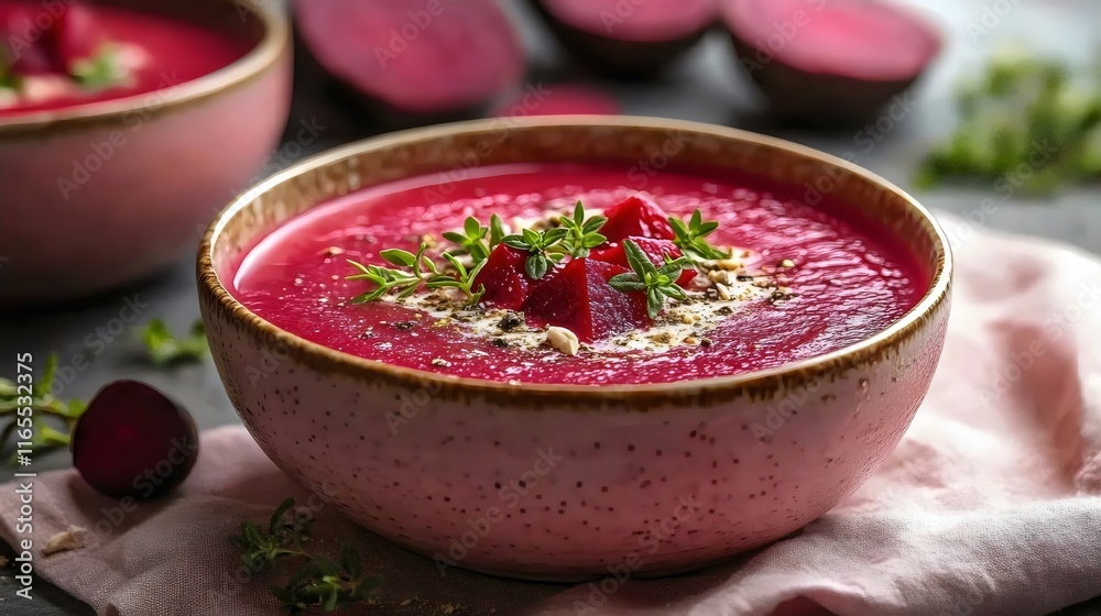 A bowl of red soup with parsley on top A bowl of red soup with parsley on top