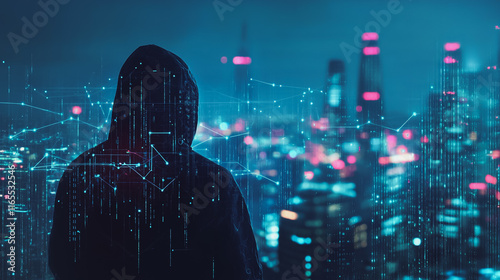 Hacker are planning to hack and attack networks and cyber security systems. Smart Innovation city with connection future wireless digital city and social media networking over the cityscape.