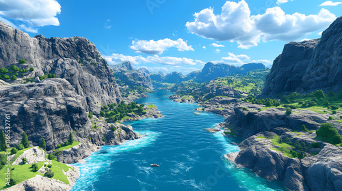Stunning river flows through mountains under a bright blue sky