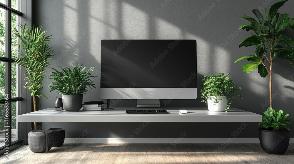 Fototapeta premium Modern minimalist workspace, plants, computer, sunlight.