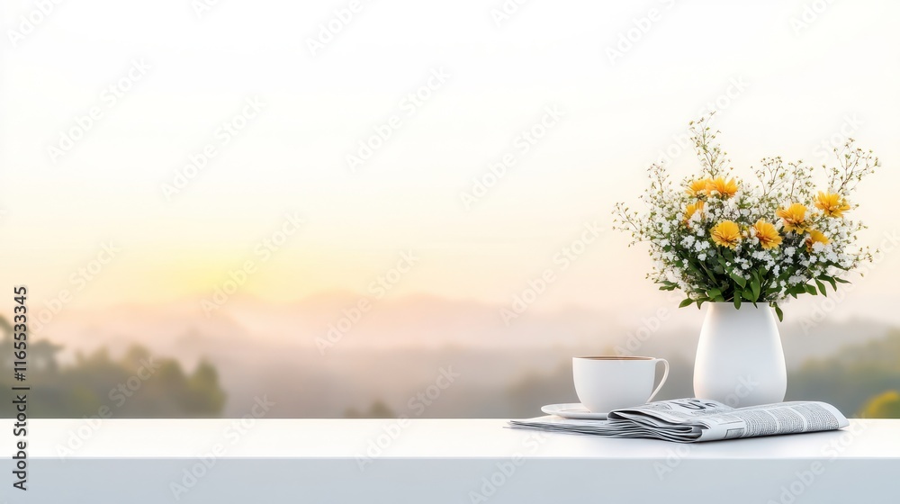 custom made wallpaper toronto digitalSerene morning scene with coffee, flowers, and a scenic backdrop.