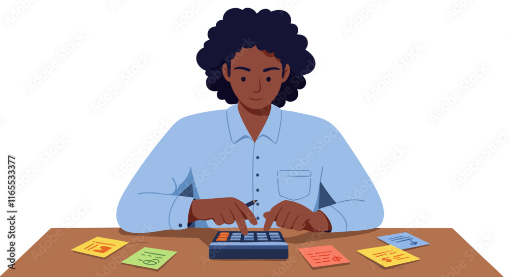 A young man calculates finances with a calculator, surrounded by colorful post-it notes on a wooden desk. A young man calculates finances with a calculator, surrounded by colorful post-it notes on a wooden desk.