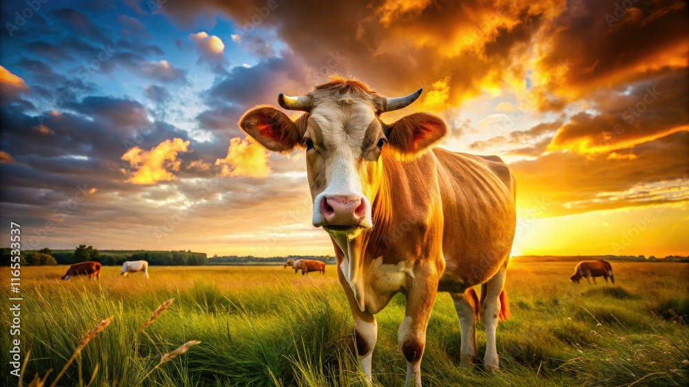 Cow Sunset Field Deep Focus AI Photo Cow Sunset Field Deep Focus AI Photo