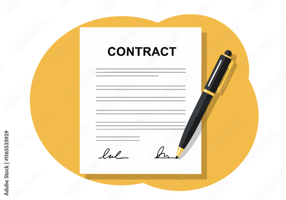 Illustration of a signed contract with a black pen resting on it, symbolizing agreement or commitment in business.