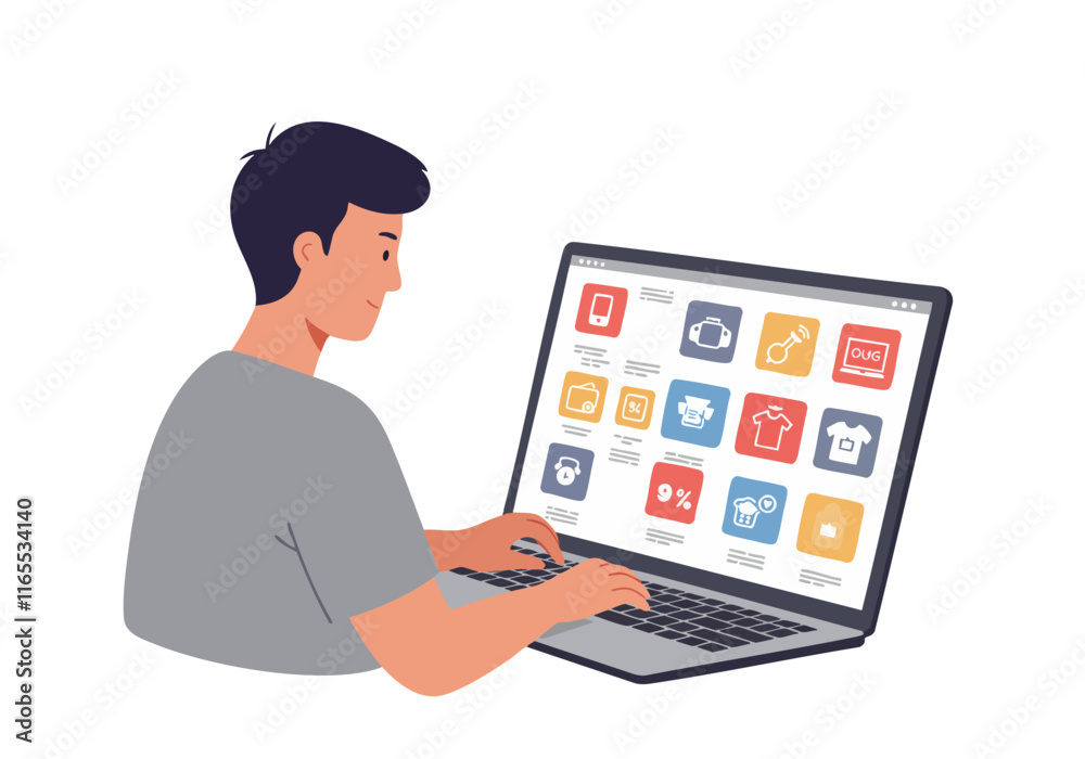 Illustration of a young man shopping online using a laptop, browsing various product categories with colorful icons on the screen. Illustration of a young man shopping online using a laptop, browsing various product categories with colorful icons on the screen.