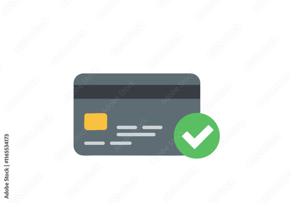 Illustration of a credit card with a green checkmark, symbolizing successful transaction or approval, on a white background. Illustration of a credit card with a green checkmark, symbolizing successful transaction or approval, on a white background.