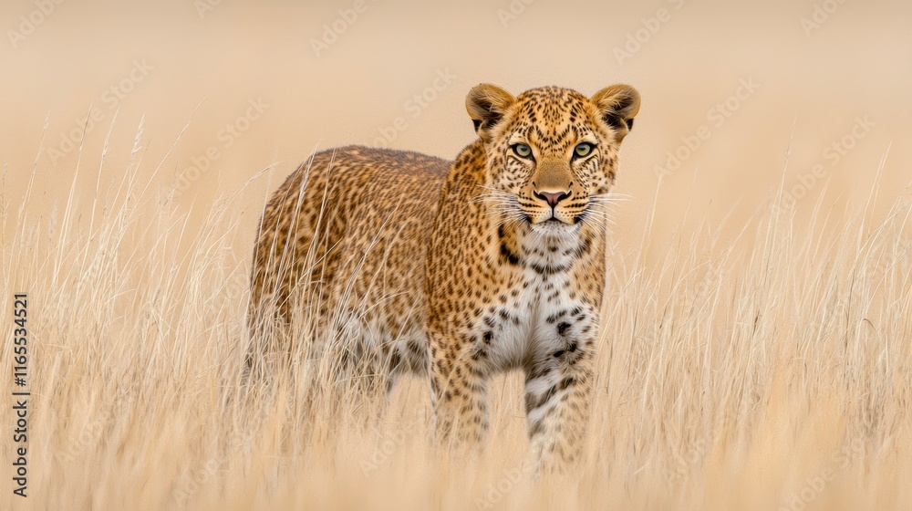 Obraz premium Majestic Leopard Prowling Through Sunlit Savannah Grassland
