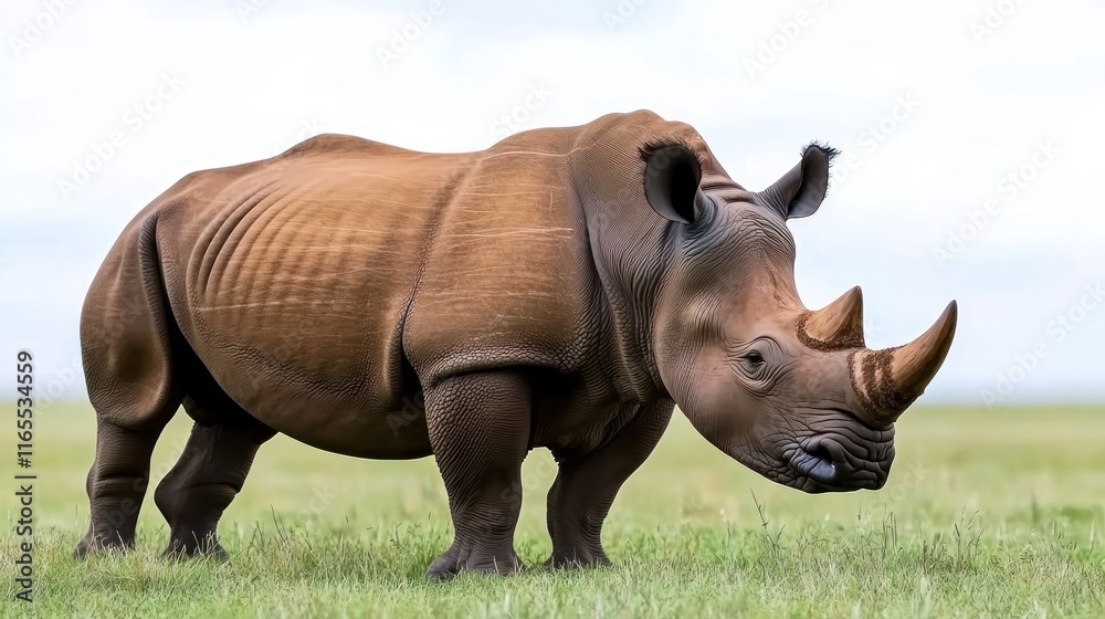 A rhinoceros standing in a grassy landscape under a cloudy sky. A rhinoceros standing in a grassy landscape under a cloudy sky.