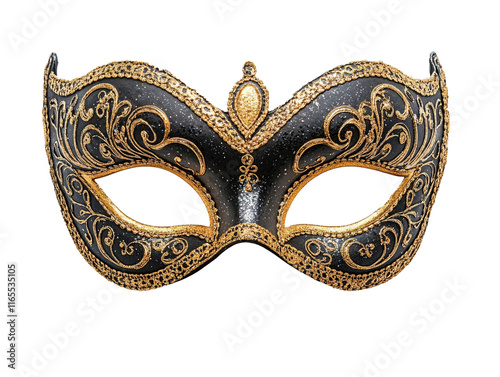 Venetian carnival eye mask with golden details. On transparent background.