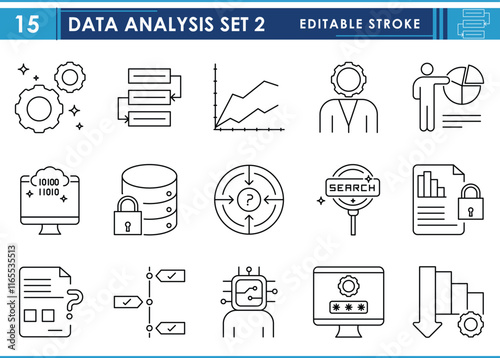 A set of line icons related to Data analysis. Organize, flow chart, graph, present, digital data, security, research, timeline, encryption, and so on. Vector editable stroke.
