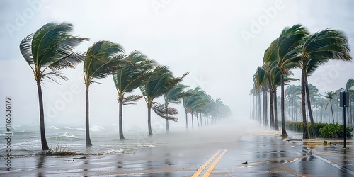 Dramatic scenes of a hurricane, as shown by palm trees swaying over a flooded beachside road.