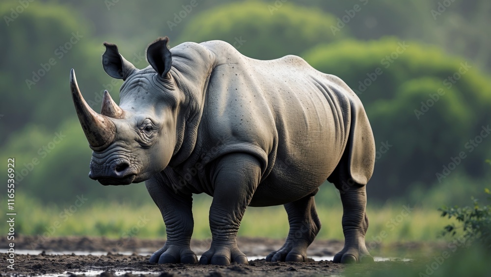 Fototapeta premium A rhinoceros standing in a muddy patch with a backdrop of lush greenery