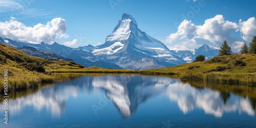 Matterhorn reflecting in stellisee lake on a sunny day with clouds and blue sky photo