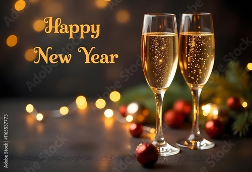 A New Year's themed image with two champagne glasses with golden reflections.