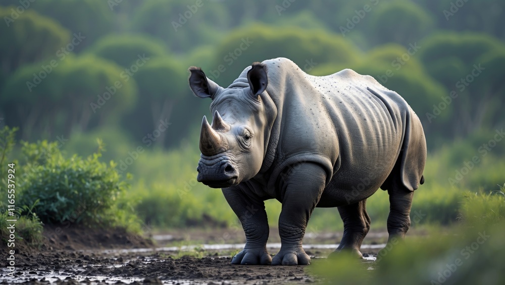 Obraz premium A rhinoceros standing in a muddy patch with a backdrop of lush greenery