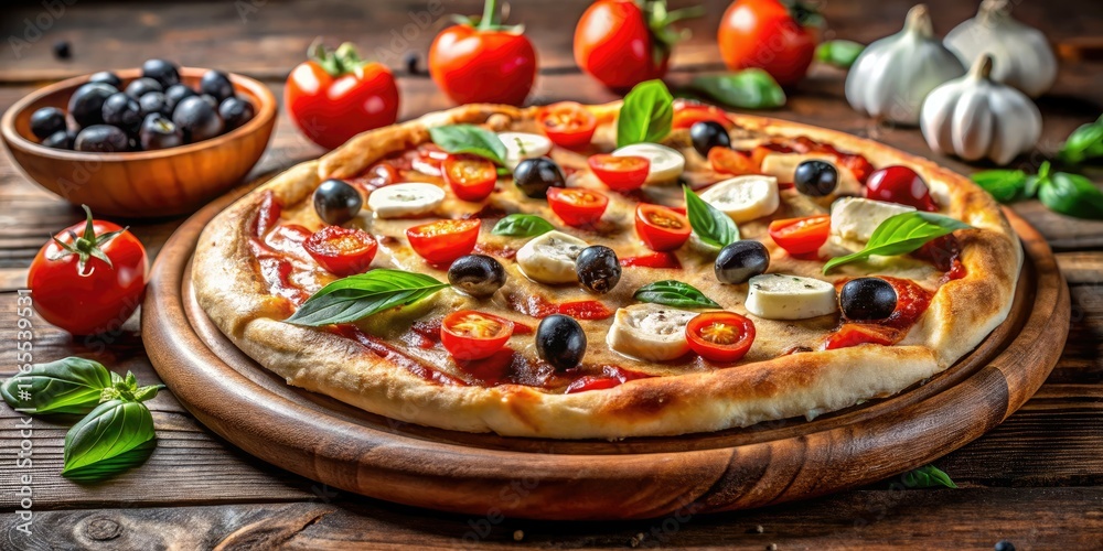 Delicious Homemade Pizza, Rustic Board, Panoramic View, Culinary Art Delicious Homemade Pizza, Rustic Board, Panoramic View, Culinary Art