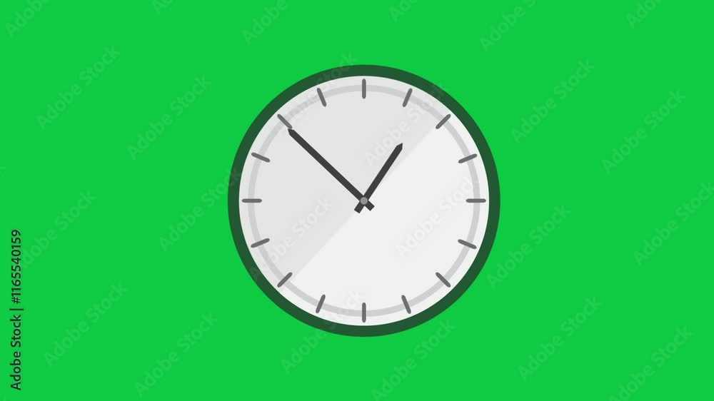 A simple analog clock displayed on a green background, representing ...