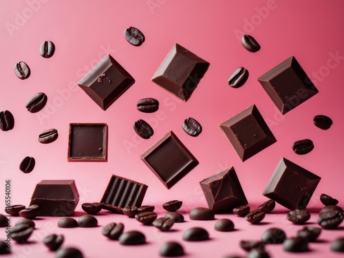 Assorted Dark Chocolate Squares with Coffee Beans on a Pink Background Ideal for Sweet Treat Promotions and Gourmet Product Displays photo