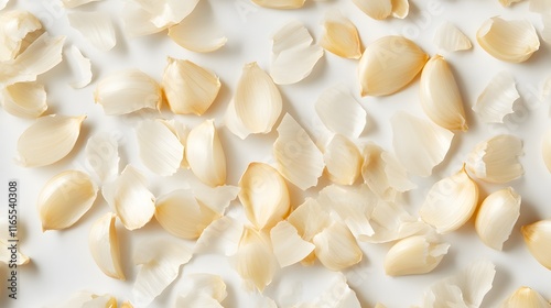 Peeled garlic cloves and their papery skins scattered on a white background