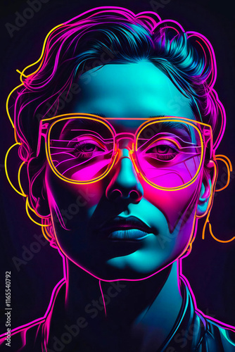 A portrait illustration with bold line art and neon colors creating a striking glow effect around the face and glasses.