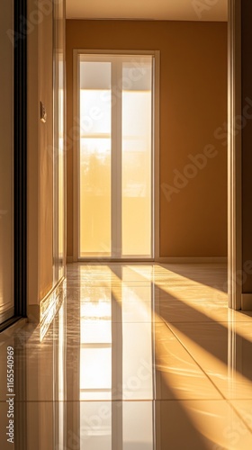 Golden Sunlight Drenched Interior, Modern Home Design with Reflections and Shadows