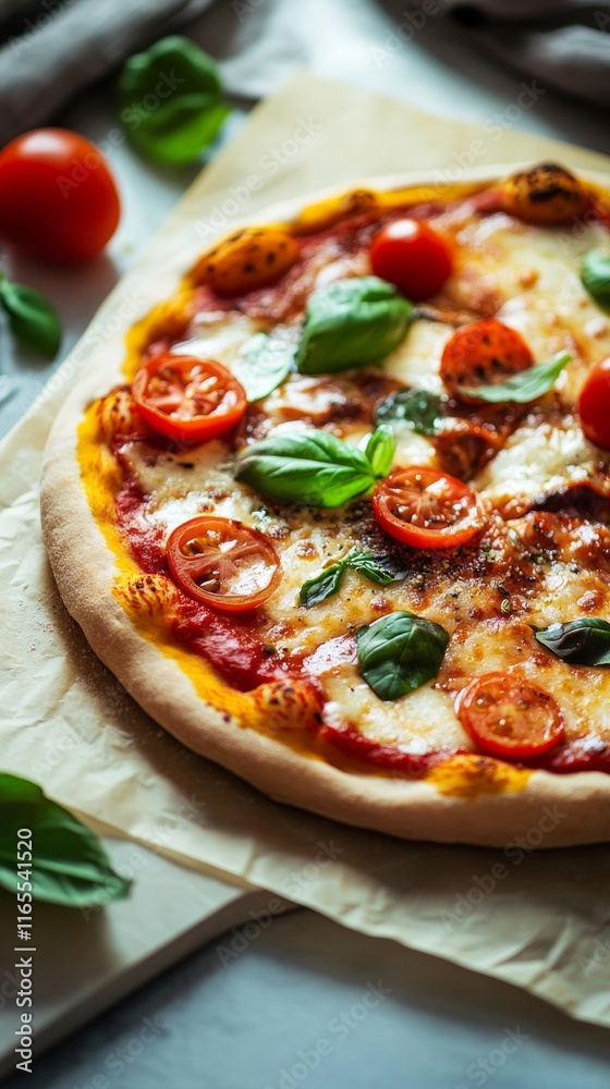 A mouthwatering Italian pizza with fresh basil and cherry tomatoes. Perfect homemade pizza for a satisfying meal. Enjoy this delicious culinary masterpiece. A mouthwatering Italian pizza with fresh basil and cherry tomatoes. Perfect homemade pizza for a satisfying meal. Enjoy this delicious culinary masterpiece.