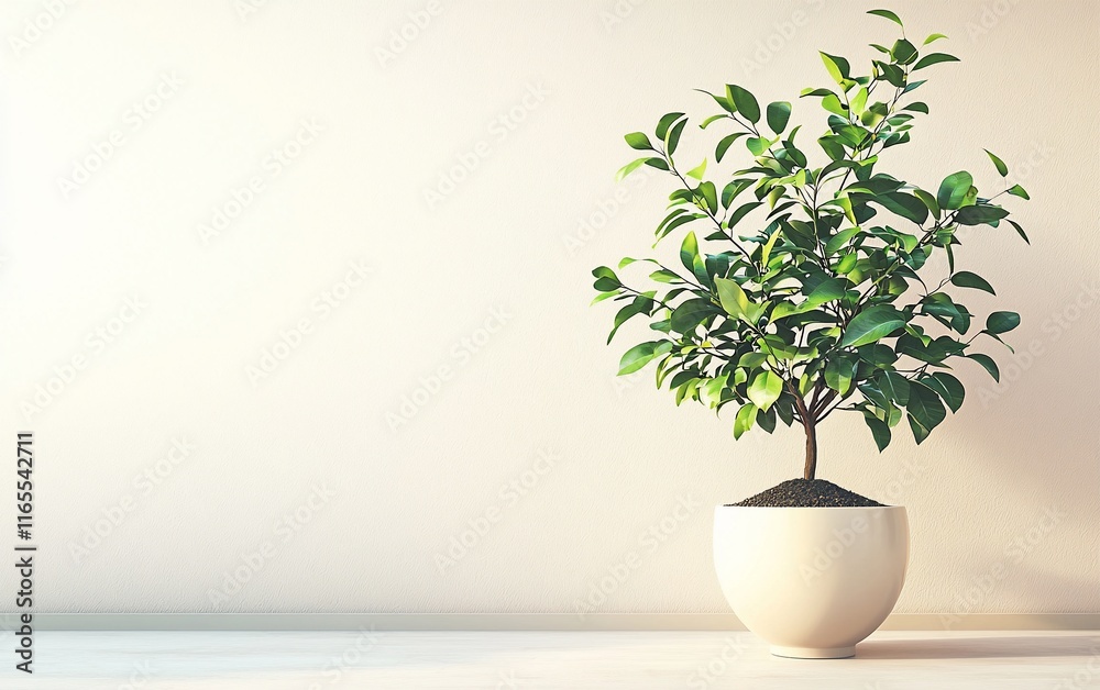 Lush green plant in a white pot against a light wall. Lush green plant in a white pot against a light wall.