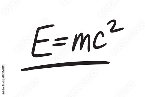 e equal mc2 formula. Physics formula hand drawing e equal sign mc2. energy, mass and speed of light doodle line lettering.