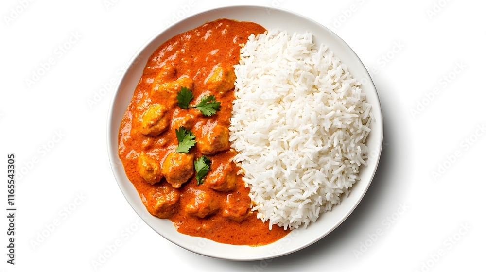 Delicious Indian Butter Chicken with Steamed White Rice on Plate Delicious Indian Butter Chicken with Steamed White Rice on Plate