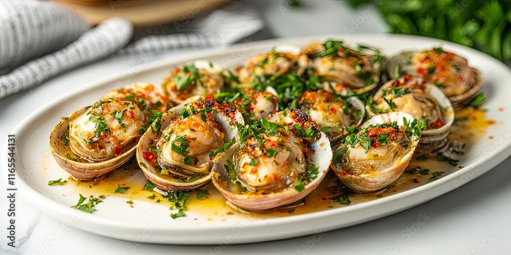 Fresh Littleneck Clams on a white plate with parsley Fresh Littleneck Clams on a white plate with parsley