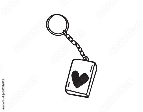 Keychain with love heart hand drawn doodle symbol, outline drawing keychain heart